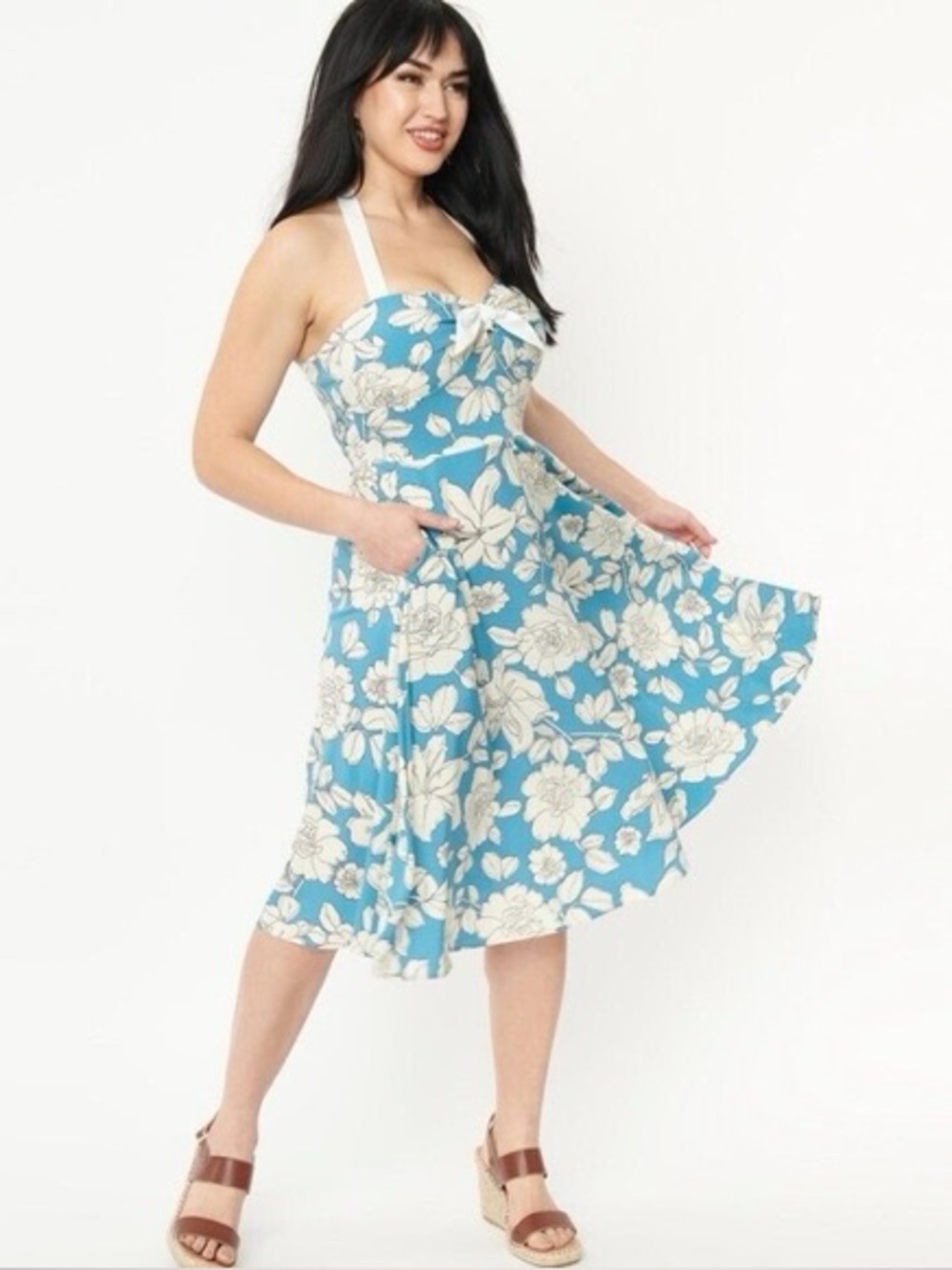 Unique Vintage Teal and White Floral Halter Maxi Dress